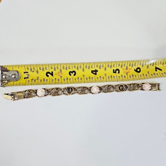 Vintage Goldette Signed '60s Victorian Revival Porcelain Rose Floral Bracelet - Picture 7 of 7